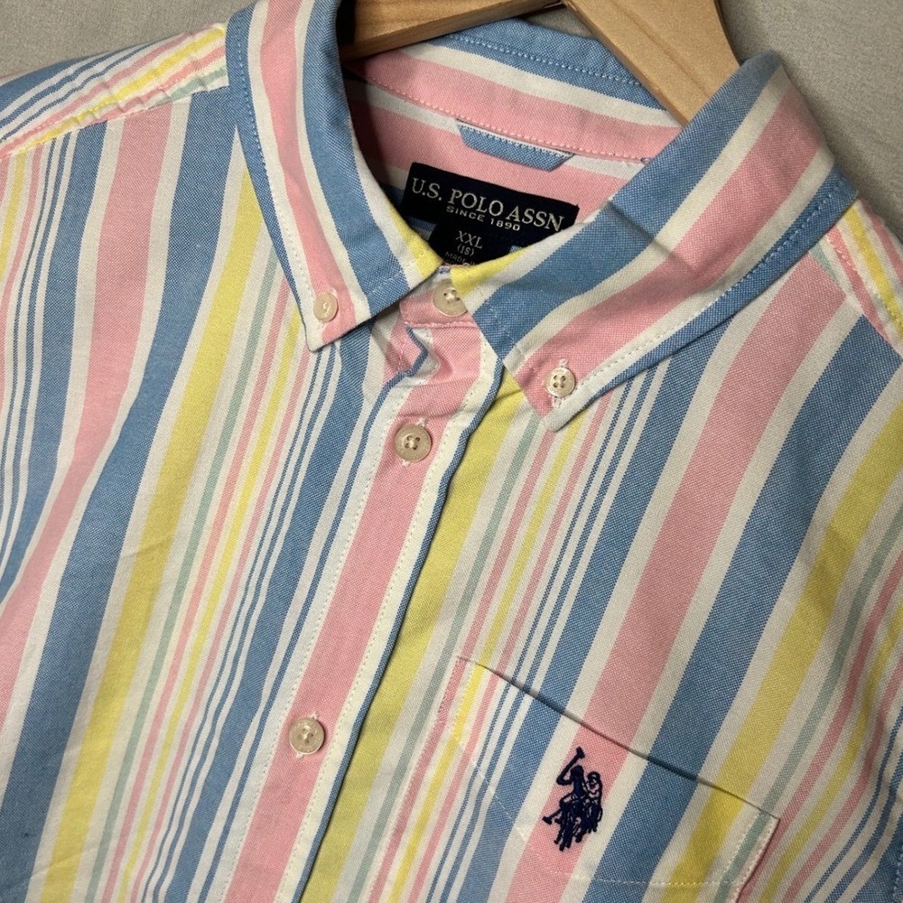 U.S. Polo Assn Oxford Shirt Boys XXL 18 Multi Color Stripe Short Sleeve 12H0062